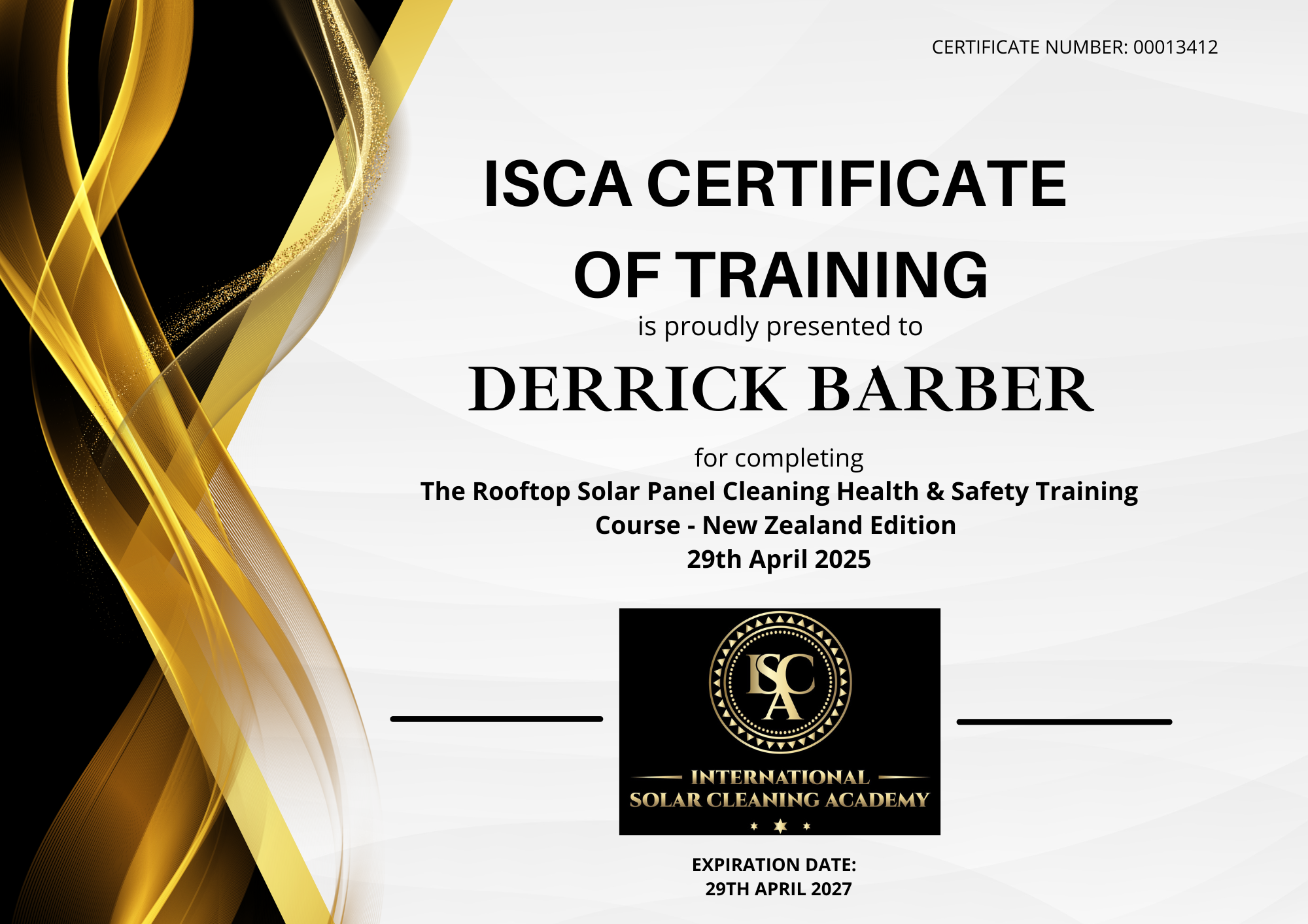 Derrick Barber's ISCA rooftop solar panel cleaning health and safety training certificate